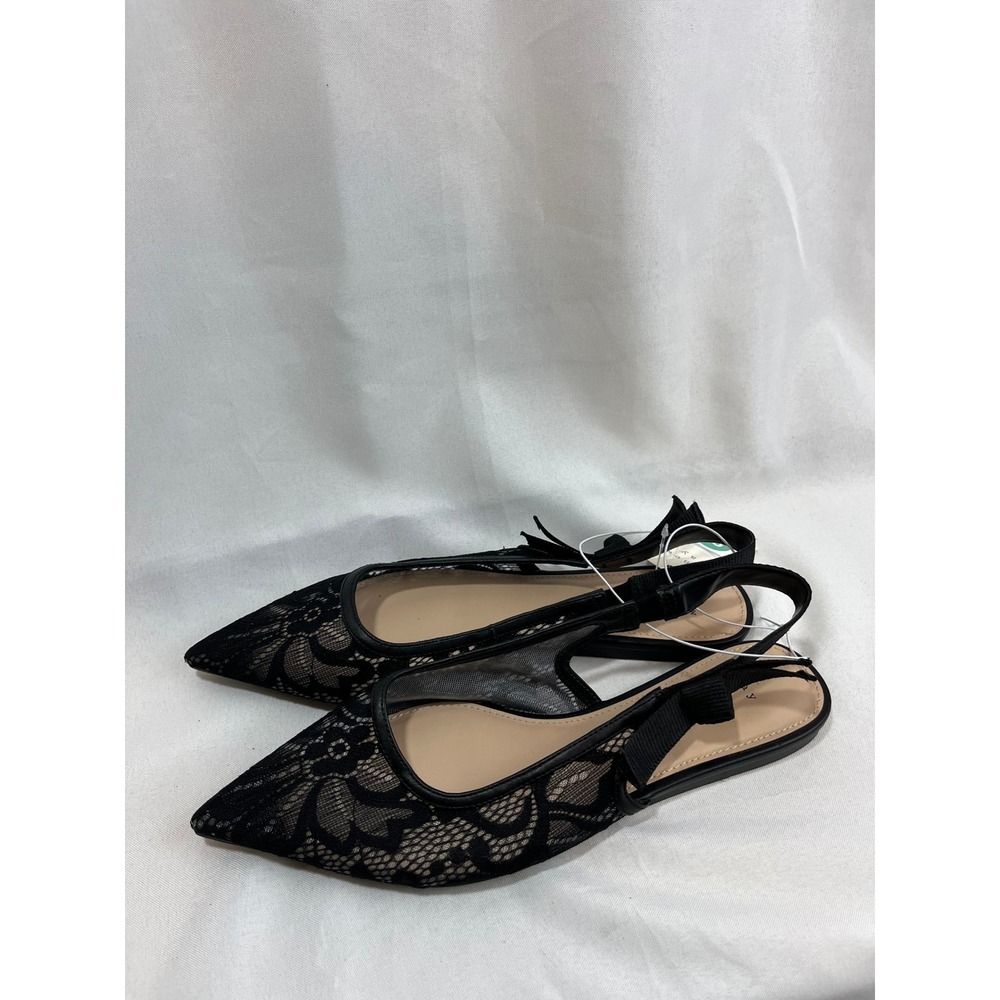 A New Day Womens Pointed Toe Slingback Lace Flats Black Mesh Bow Detail Size 9.5